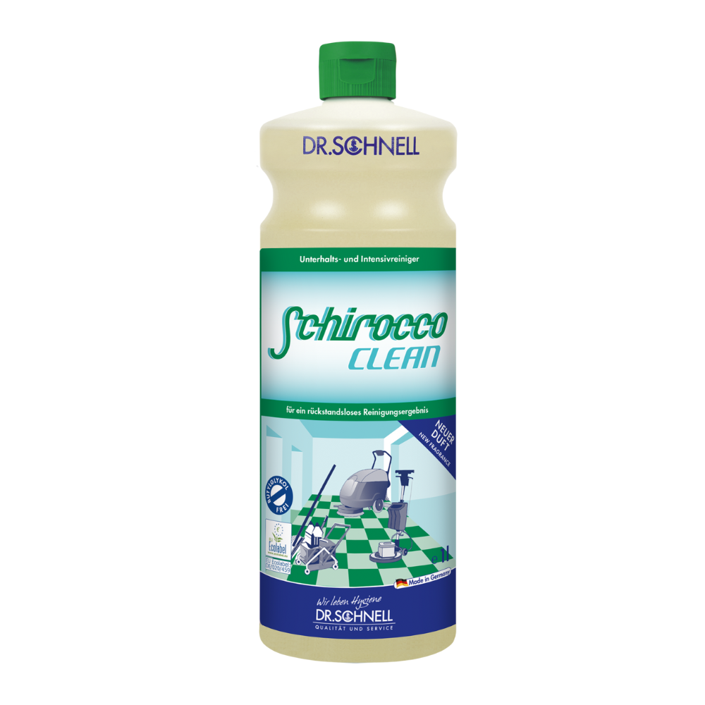 Uma garrafa de plástico Dr. Schnell SCHIROCCO CLEAN Manutenção, Limpeza Intensiva e Limpeza Profunda da DR.SCHNELL GmbH & Co. KGaA possui um rótulo alemão verde e branco com informações do produto e um gráfico de piso limpo, ideal para a limpeza intensiva de pisos duros.