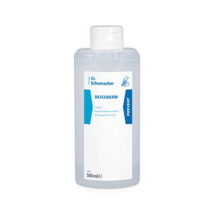 Mostrada está uma garrafa de 500 ml do Desinfetante para Pele Descoderm da Dr. Schumacher GmbH. A garrafa transparente com tampa flip-top branca está equipada com um rótulo com detalhes em azul e branco, indicando que o produto contém 70% de 2-propanol (v/v). Este desinfetante sem perfume garante uma desinfecção eficaz das mãos e da pele.