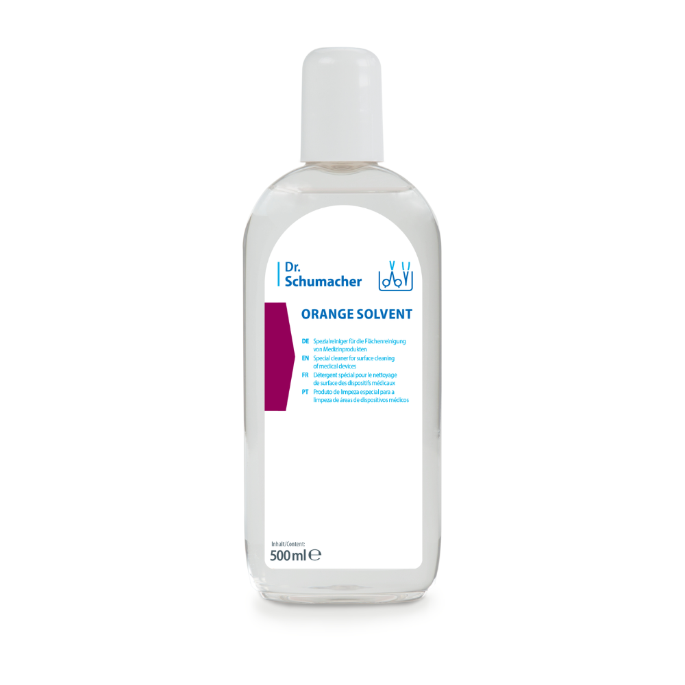 Uma garrafa transparente de 500 ml de Dr. Schumacher GmbH ORANGE SOLVENT limpador de instrumentos com tampa branca e rótulo azul e branco, para remoção de adesivos e limpeza de instrumentos, apresentada sobre fundo branco.