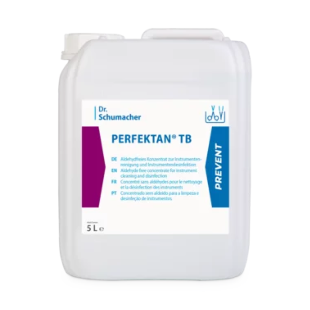Um recipiente branco de 5 litros com Dr. Schumacher PERFEKTAN TB Instrumentendesinfecção da Dr. Schumacher GmbH. O rótulo contém texto multilíngue e indica que se trata de uma solução concentrada para limpeza e desinfecção de instrumentos, que é delicada com os materiais e oferece eficácia antimicrobiana. O recipiente tem uma pequena alça na parte superior.