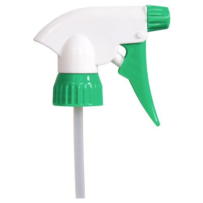 A bomba de pulverização Dr. Schumacher da Dr. Schumacher GmbH é um pulverizador com corpo branco e bico verde, gatilho e manga, aqui em vista lateral com tubo de sucção montado para limpeza higiénica.