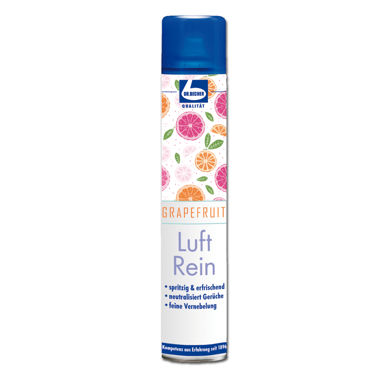 Uma lata de „Dr. Becher Luft Rein – 500 ml“ ambientador, decorada com imagens de vários frutos cítricos como toranjas e laranjas, com características destacadas como efeito refrescante e neutralizador de odores, da Dr. Becher GmbH.