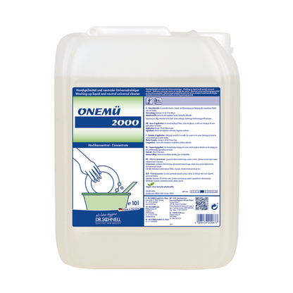 Um grande recipiente de plástico branco com Dr. Schnell ONEMÜ 2000 detergente universal e detergente para lavagem à mão da DR.SCHNELL GmbH & Co. KGaA, com rótulo azul-verde com instruções, logotipo e uma imagem de lavagem de um prato à mão. A fórmula biodegradável garante uma limpeza ecológica.