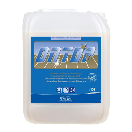 O revestimento para pavimentos DR.SCHNELL ONTOP, em bidão de 10 litros, é um recipiente de plástico branco com etiqueta azul, tampa de rosca e indicação de elevada durabilidade. Ideal para a manutenção ecológica de pavimentos da DR.SCHNELL GmbH & Co. KGaA.