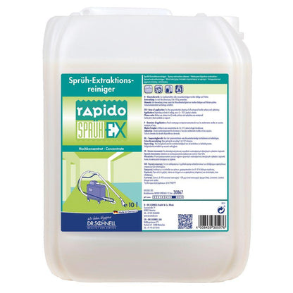 Um recipiente de plástico branco de 10 litros com alça e tampa de rosca de Dr. Schnell RAPIDO SPRÜH-EX para carpetes e estofos da DR.SCHNELL GmbH & Co. KGaA, com rótulo em alemão com instruções de uso.