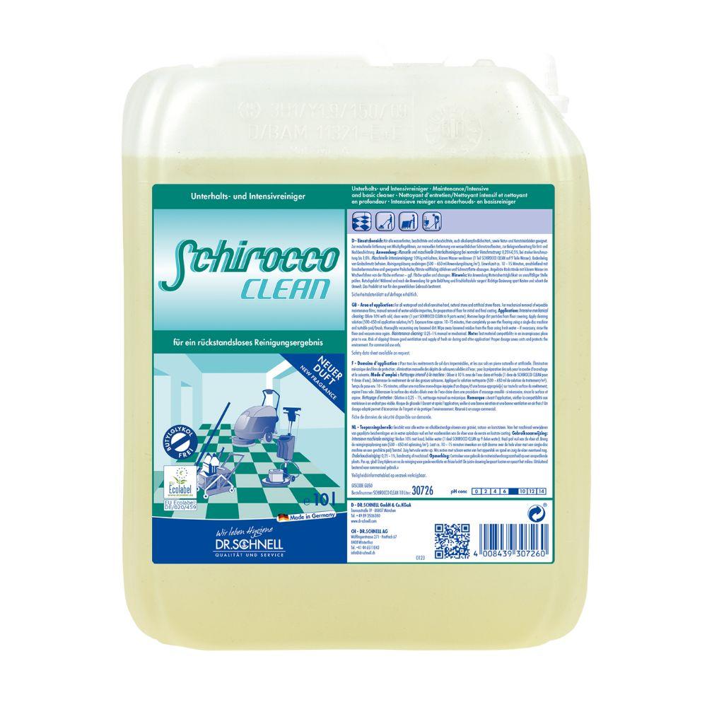 Um recipiente de 10L Dr. Schnell SCHIROCCO CLEAN Manutenção, Limpeza Intensiva e Limpeza Profunda da DR.SCHNELL GmbH & Co. KGaA, com rótulo alemão azul esverdeado e cena de limpeza ilustrada em revestimentos de piso duro ladrilhados.