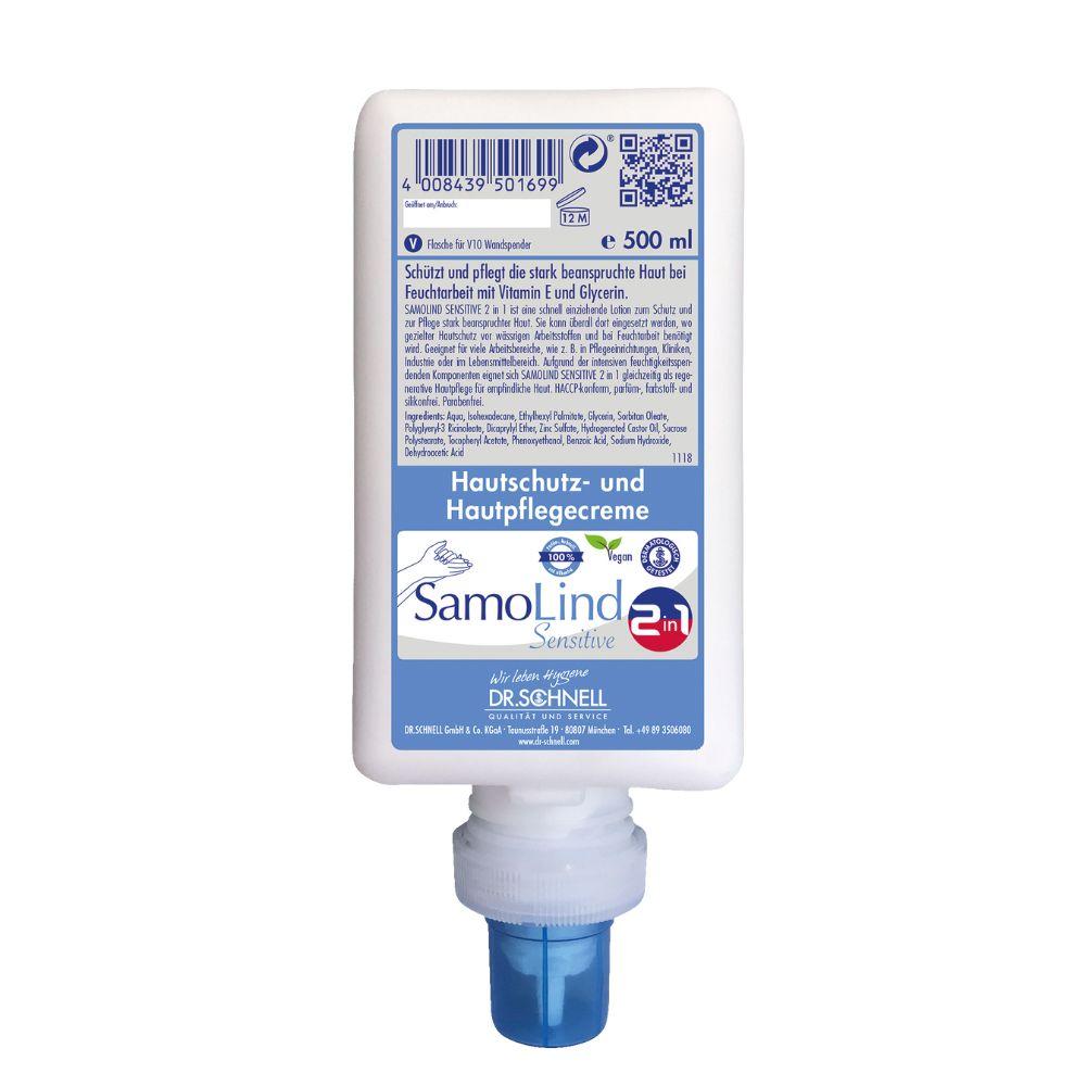 Uma garrafa de 500 ml Dr. Schnell SamoLind Sensitive 2em1 creme de proteção e cuidado da pele da DR.SCHNELL GmbH & Co. KGaA, com bico azul e rótulo frontal com detalhes do produto em alemão.