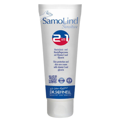 Um tubo branco Dr. Schnell SamoLind Sensitive 2em1 creme de proteção e cuidado da pele da DR.SCHNELL GmbH & Co. KGaA, identificado como creme de proteção da pele com vitamina E e glicerina, é mostrado na vertical com detalhes visíveis do produto.