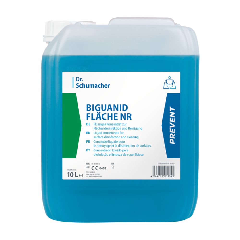 Um recipiente de 10 litros com líquido azul com a inscrição "Dr. Schumacher Biguanid Fläche NR Flächendesinfektion" da Dr. Schumacher GmbH é um concentrado de desinfecção de superfícies. O rótulo é multilíngue e destaca a eficácia na limpeza e desinfecção de superfícies com a palavra "Prevent".