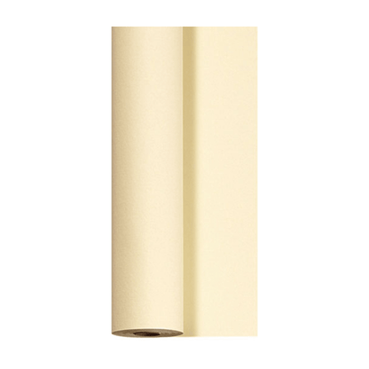 Um grande rolo de toalha de mesa Duni Dunicel (1,18 m x 40 m) da Duni GmbH está em pé, parcialmente desenrolado, de modo que sua textura bege suave fica visível. Tem uma cor uniforme com uma leve sombra e está colocado em um fundo branco simples – perfeito para soluções elegantes de decoração de mesa.