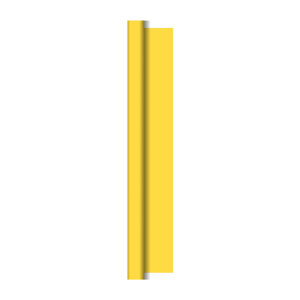 Em um fundo branco repousa um alto retângulo amarelo vertical com uma sombra ligeiramente escura na borda esquerda, que lembra a habilidade artesanal dos rolos de toalha de mesa Dunicel 1,18 m x 40 m da Duni GmbH.