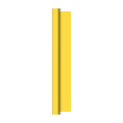 Em um fundo branco repousa um alto retângulo amarelo vertical com uma sombra ligeiramente escura na borda esquerda, que lembra a habilidade artesanal dos rolos de toalha de mesa Dunicel 1,18 m x 40 m da Duni GmbH.