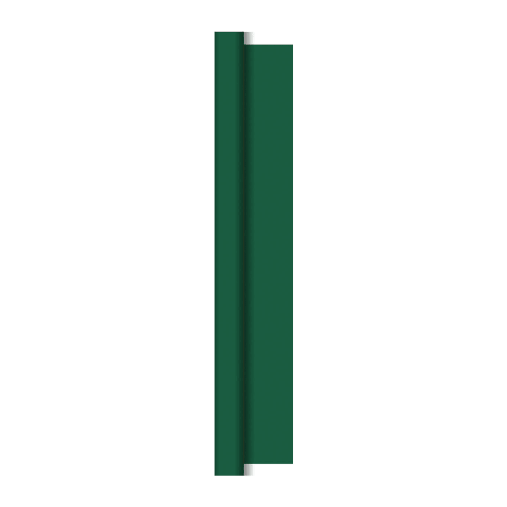 Um retângulo verde escuro vertical com uma leve sombra no lado esquerdo, que lembra os rolos de toalha de mesa Dunicel (1,18 m x 40 m) da Duni GmbH, está centralizado em um fundo branco e lembra uma decoração de mesa de alta qualidade para usuários profissionais.