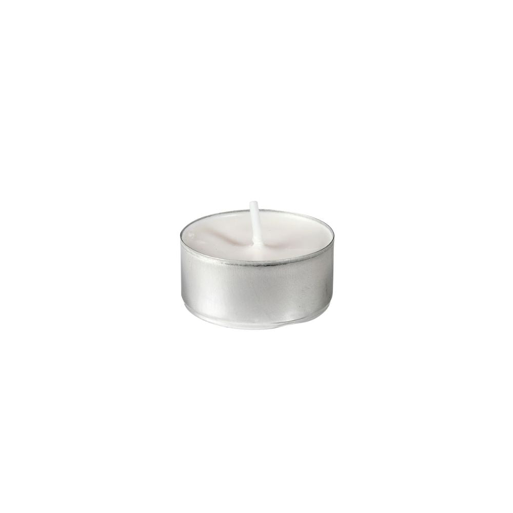 Uma vela de chá Duni (Ø39 mm, branca, 6h de duração) do pacote de 30 da Duni GmbH está centralizada em um fundo branco simples, possui uma carcaça de metal e um pavio não aceso.