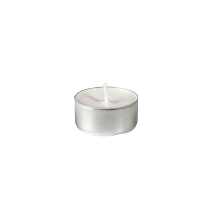Uma vela de chá Duni (Ø39 mm, branca, 6h de duração) do pacote de 30 da Duni GmbH está centralizada em um fundo branco simples, possui uma carcaça de metal e um pavio não aceso.