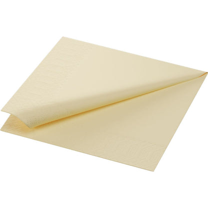 Um guardanapo de papel dobrado e simples da Duni GmbH em amarelo claro é mostrado em um fundo branco. Este guardanapo de 33 x 33 cm, de três camadas, apresenta padrões discretos em relevo ao longo das bordas dobradas, que destacam seu caráter ecológico.