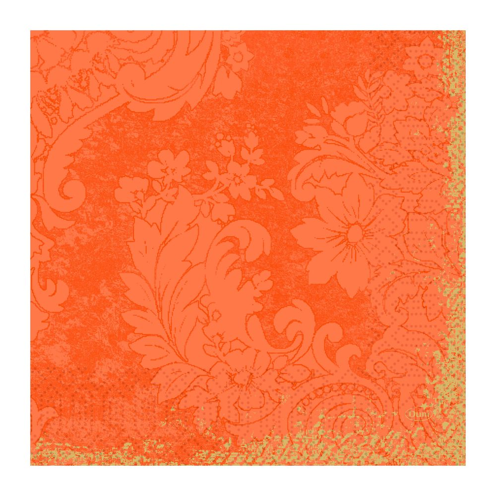 Uma imagem quadrada em laranja com um elaborado padrão floral em arabesco, que lembra os guardanapos de papel de 33 x 33 cm e 3 camadas com dobra de 1/4 da Duni GmbH, apresenta grandes flores e folhas onduladas para uma aparência vintage texturizada.