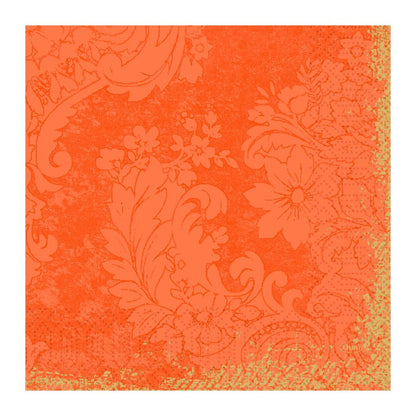 Uma imagem quadrada em laranja com um elaborado padrão floral em arabesco, que lembra os guardanapos de papel de 33 x 33 cm e 3 camadas com dobra de 1/4 da Duni GmbH, apresenta grandes flores e folhas onduladas para uma aparência vintage texturizada.