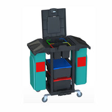 Der Arcora Ecoblack 150 (1030 x 600 x 1100 mm) Reinigungswagen von Arcora International GmbH verfügt über einen schwarzen Rahmen, Seitenfächer und vier farbige Behälter für die einfache Organisation Ihrer Versandverpackungen. Wird als ein Stück im Karton geliefert.