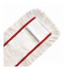Uma imagem aproximada do Arcora FIRST MOPP retangular da Arcora International GmbH, uma cabeça de esfregona de microfibra branca com borda vermelha e franjas para uma limpeza eficaz do chão, apresentada em um fundo branco simples.