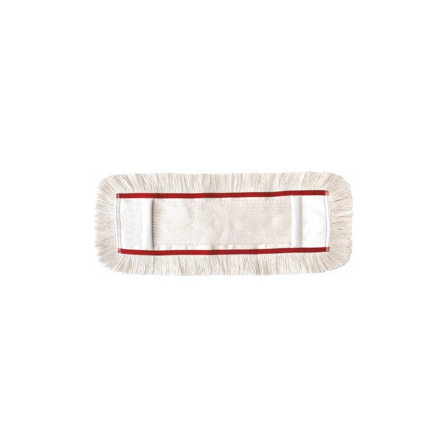 O Arcora FIRST MOPP da Arcora International GmbH é uma cabeça de esfregona de microfibra retangular com franjas brancas e centro branco, rodeada por uma linha vermelha fina - perfeito para uma limpeza eficiente do chão, ilustrado em um fundo branco simples.