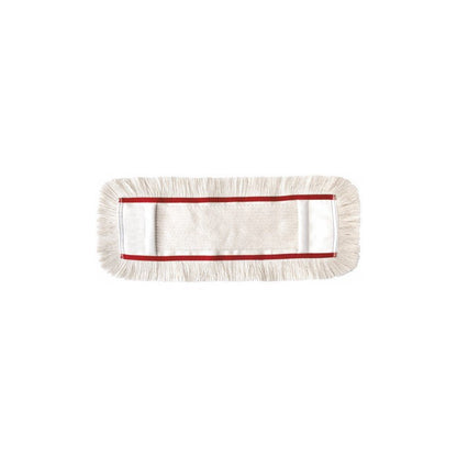 O Arcora FIRST MOPP da Arcora International GmbH é uma cabeça de esfregona de microfibra retangular com franjas brancas e centro branco, rodeada por uma linha vermelha fina - perfeito para uma limpeza eficiente do chão, ilustrado em um fundo branco simples.