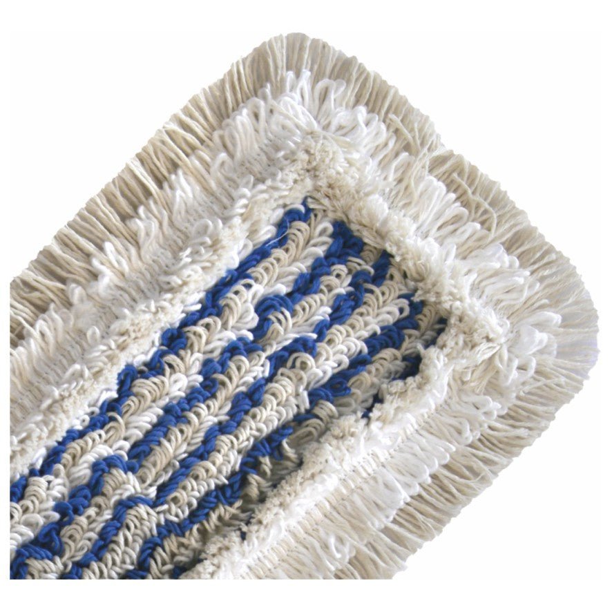 Close-up do MOPP AZUL Arcora HOSPITAL HYGIENE da Arcora International GmbH, com fibras torcidas brancas e azuis com borda de franjas, ideal para a limpeza na higiene hospitalar, em fundo branco.