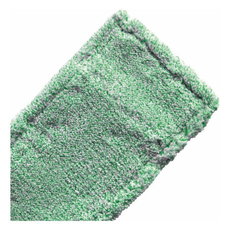 Close-up do produto de microfibra Arcora MICRO GREEN DB - FC MIT DECKBLATT da Arcora International GmbH, nas cores verde e cinza com bordas pespontadas, perfeito para aplicações de limpeza profissional, em fundo branco.