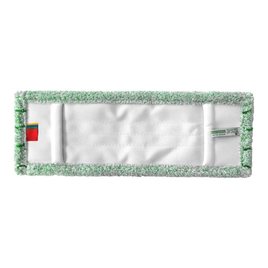 O Arcora RUNNER GREEN DB - FC COM CAPA da Arcora International GmbH é um esfregão de microfibra branco retangular com borda verde, uma etiqueta de tecido vermelha em um lado e uma pequena etiqueta verde - perfeito para limpeza interna.