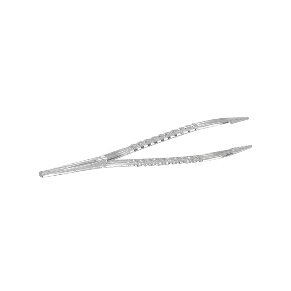 Um par de pinças descartáveis estéreis Mediware da Servoprax GmbH com alça texturizada e design anatômico preciso é apresentado contra um fundo branco simples.