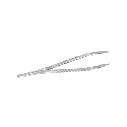 Um par de pinças descartáveis estéreis Mediware da Servoprax GmbH com alça texturizada e design anatômico preciso é apresentado contra um fundo branco simples.