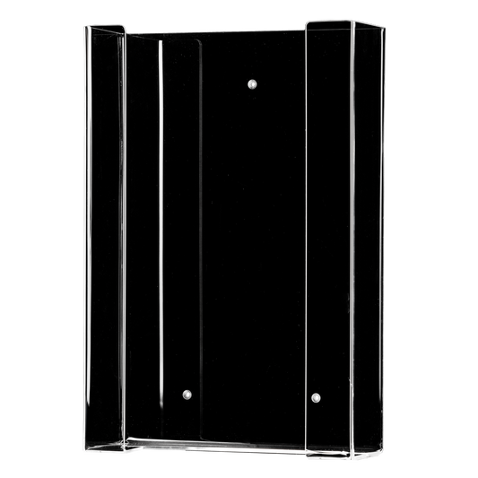 Der AMPri Einmalhandschuh Spender für 3 Boxen (258 x 392 x 96 mm) ist ein transparenter, milchiger Acryl-Handschuh-Spenderhalter TRIO mit zwei Seitenwänden, einer flachen Rückseite und drei Schraublöchern für die Wandmontage. Abgebildet leer auf einem schlichten weißen Hintergrund.