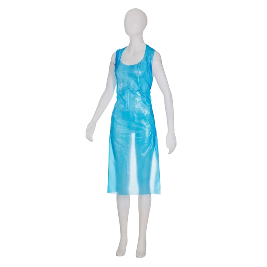 Um manequim branco usa um avental azul sem mangas e até o joelho "Einwegschürzen light, 75 x 125 cm" da AMPri Handelsgesellschaft mbH - uma solução higiênica ideal para o processamento de alimentos. O fundo é de cor branca sólida.