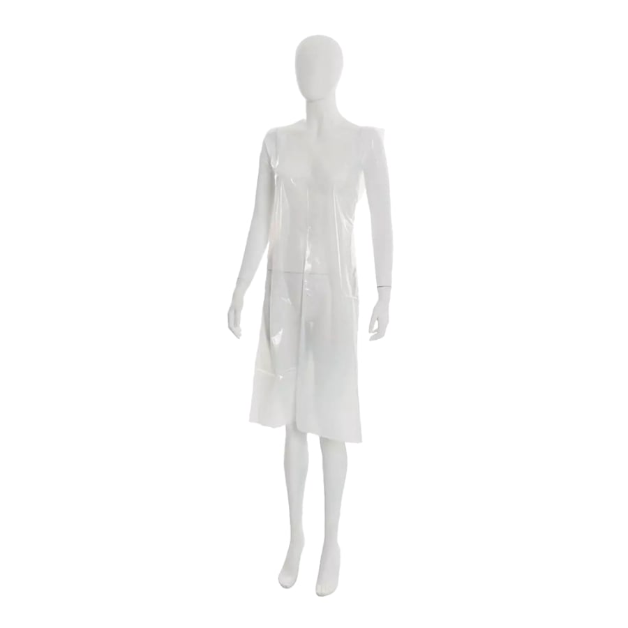 Um manequim branco usa um colete de plástico transparente, sem mangas e até o joelho (Einwegschürzen light, 75 x 125 cm da AMPri Handelsgesellschaft mbH), ideal para proteção higiênica no processamento de alimentos. O fundo é de cor branca sólida.