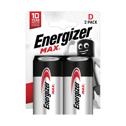 A imagem mostra uma embalagem blister com duas baterias Energizer Max Alcalinas no tamanho D-Mono-LR20. A embalagem indica uma durabilidade de 10 anos e contém uma figura com um design de bateria sorridente. A duradoura bateria Energizer Max Alcalina D-Mono-LR20 | Embalagem (2 peças) da Energizer Deutschland GmbH tem um design preto e prateado com detalhes vermelhos.