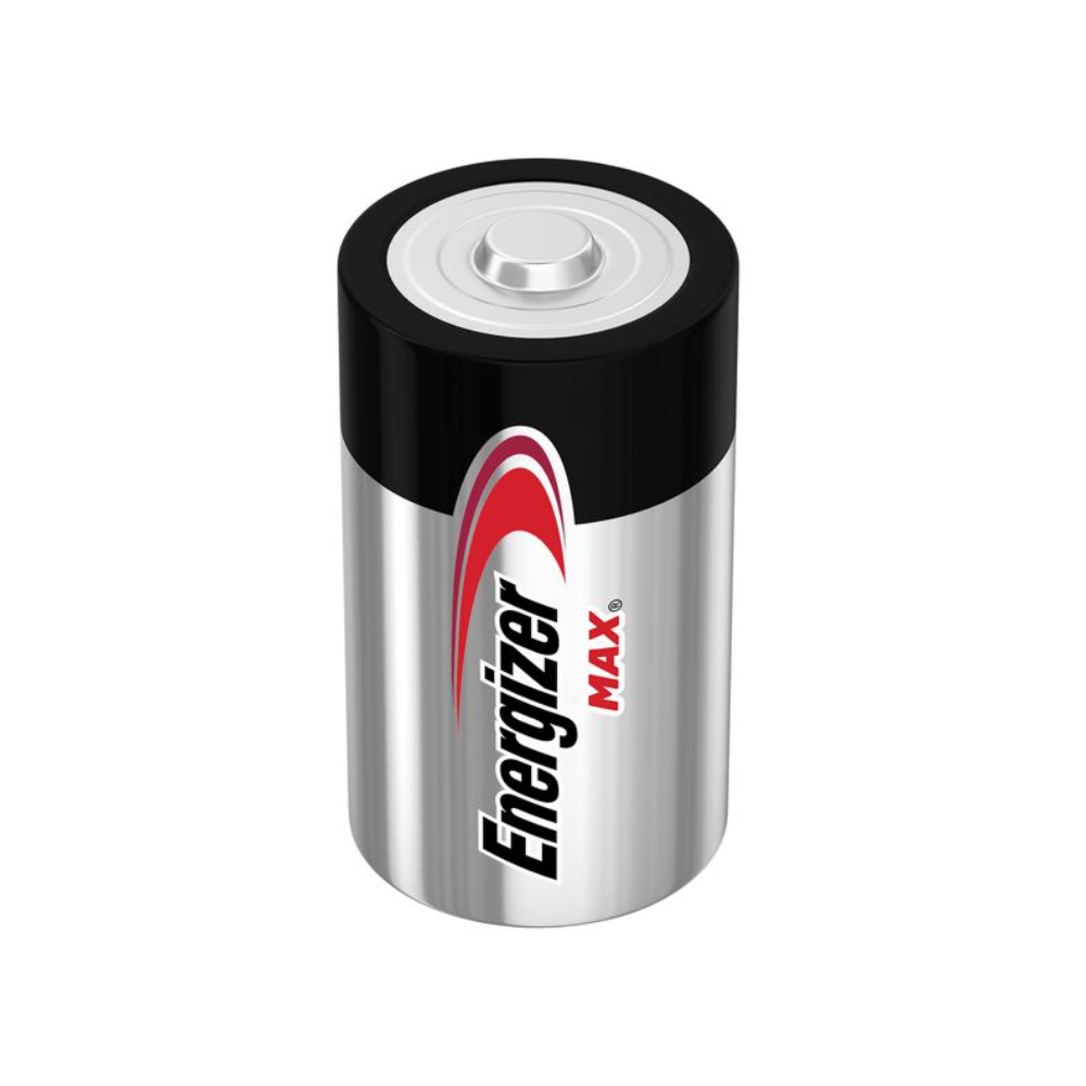 Uma bateria cilíndrica Energizer Max Alcalina D-Mono-LR20 | Embalagem (2 peças) da Energizer Deutschland GmbH é mostrada sobre um fundo branco. A bateria tem um invólucro prateado, uma parte superior preta e um design ondulado vermelho perto da parte superior. A marca "Energizer" e a palavra "Max" estão impressas na lateral.