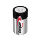 Uma bateria cilíndrica Energizer Max Alcalina D-Mono-LR20 | Embalagem (2 peças) da Energizer Deutschland GmbH é mostrada sobre um fundo branco. A bateria tem um invólucro prateado, uma parte superior preta e um design ondulado vermelho perto da parte superior. A marca "Energizer" e a palavra "Max" estão impressas na lateral.