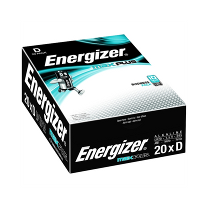 A imagem mostra uma caixa preto-branco-azul-verde de Energizer Max Plus Mono D LR20 Alkaline 1,5V Batterie | Packung (20 Stück). A caixa contém 20 baterias Mono D LR20 Alkaline. A imagem destaca a embalagem com detalhes do produto e marcas, incluindo o logótipo da Energizer Deutschland GmbH e a inscrição "20 x D" na lateral.