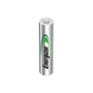 Uma única pilha Energizer Power Plus AAA Micro LR03 700 mAh recarregável de cor prateada | Embalagem (10 unidades) da Energizer Deutschland GmbH está em pé sobre um fundo branco simples. O nome da marca "Energizer Deutschland GmbH" e a palavra "Recharge" estão impressos em preto e verde na pilha de 700 mAh.