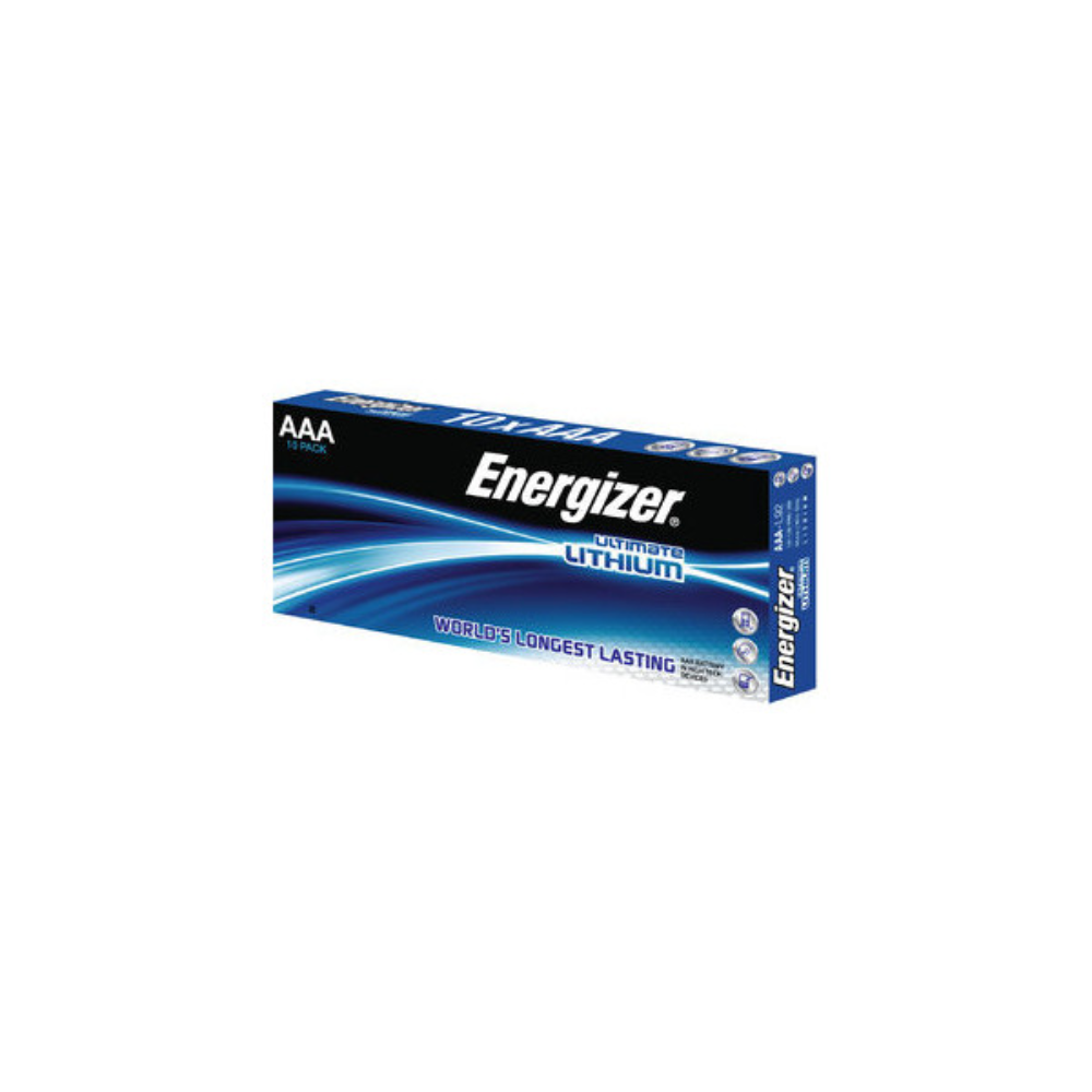 A imagem mostra um pacote de pilhas Energizer Ultimate Lithium Micro, LR03 AAA | Pacote (10 unidades) da Energizer Deutschland GmbH. A embalagem é principalmente azul com texto branco e prateado e promete "As pilhas mais duradouras do mundo". Contém dez pilhas de 1,5 V, perfeitas para aplicações de alta tecnologia.