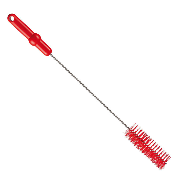 A escova de tubo Haug Bürsten KG com fio de aço inoxidável V2A PBT Médio (500 x Ø40 mm, vermelho) é projetada para limpeza higiênica de tubos. Possui um cabo vermelho com furo para pendurar e cerdas vermelhas, isolada em fundo branco.