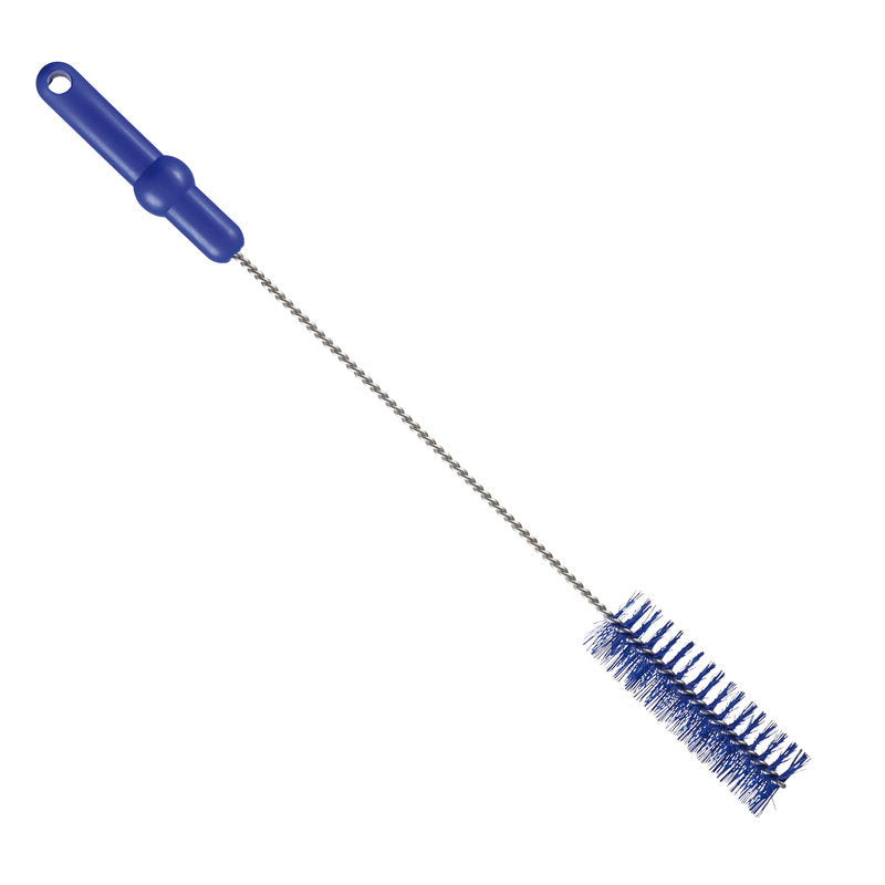 A escova de tubo Haug Bürsten KG com fio de aço inoxidável V2A PBT Médio (500 x Ø40 mm) em azul possui um cabo de plástico e cerdas cilíndricas - ideal para a limpeza higiênica de garrafas ou recipientes estreitos.