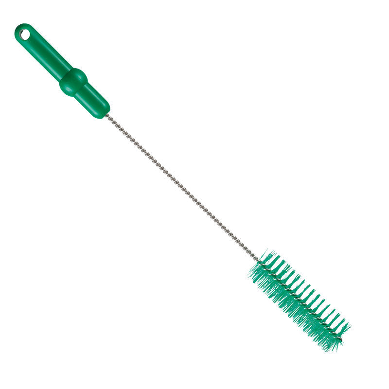 A escova de tubo Haug Bürsten KG Haug com fio de aço inoxidável V2A PBT Médio 500 x Ø40 mm em verde, com cerdas rígidas e um cabo torcido durável, é ideal para a limpeza higiênica de tubos; apresentada isolada em fundo branco.