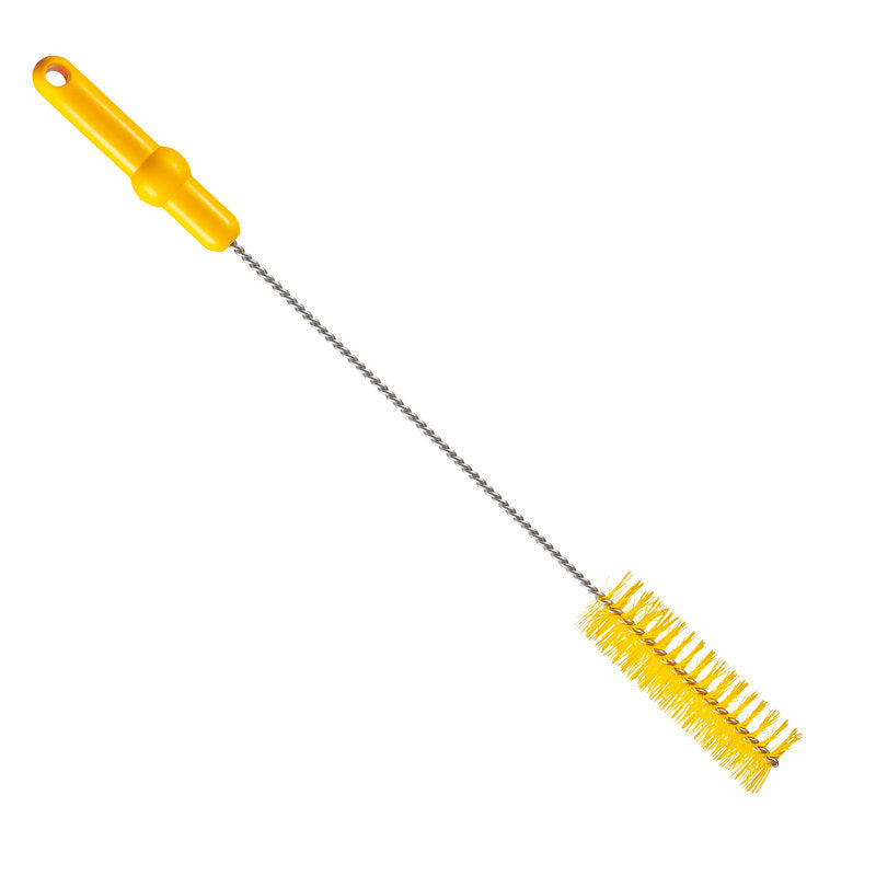 A escova de tubo Haug Bürsten KG com fio de aço inoxidável V2A PBT Médio 500 x Ø40 mm em amarelo tem um cabo de metal torcido, um cabo de plástico amarelo e cerdas para limpeza higiênica de tubos em fundo branco.