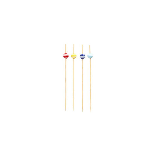 Quatro espetos de finger food de 12 cm de tamanho PAPSTAR, cada um decorado com uma pérola listrada em vermelho, amarelo, azul e azul claro, estão dispostos em uma linha. Os artigos elegantes da PAPSTAR GmbH são feitos como produtos descartáveis sustentáveis e repousam elegantemente sobre um fundo branco simples.