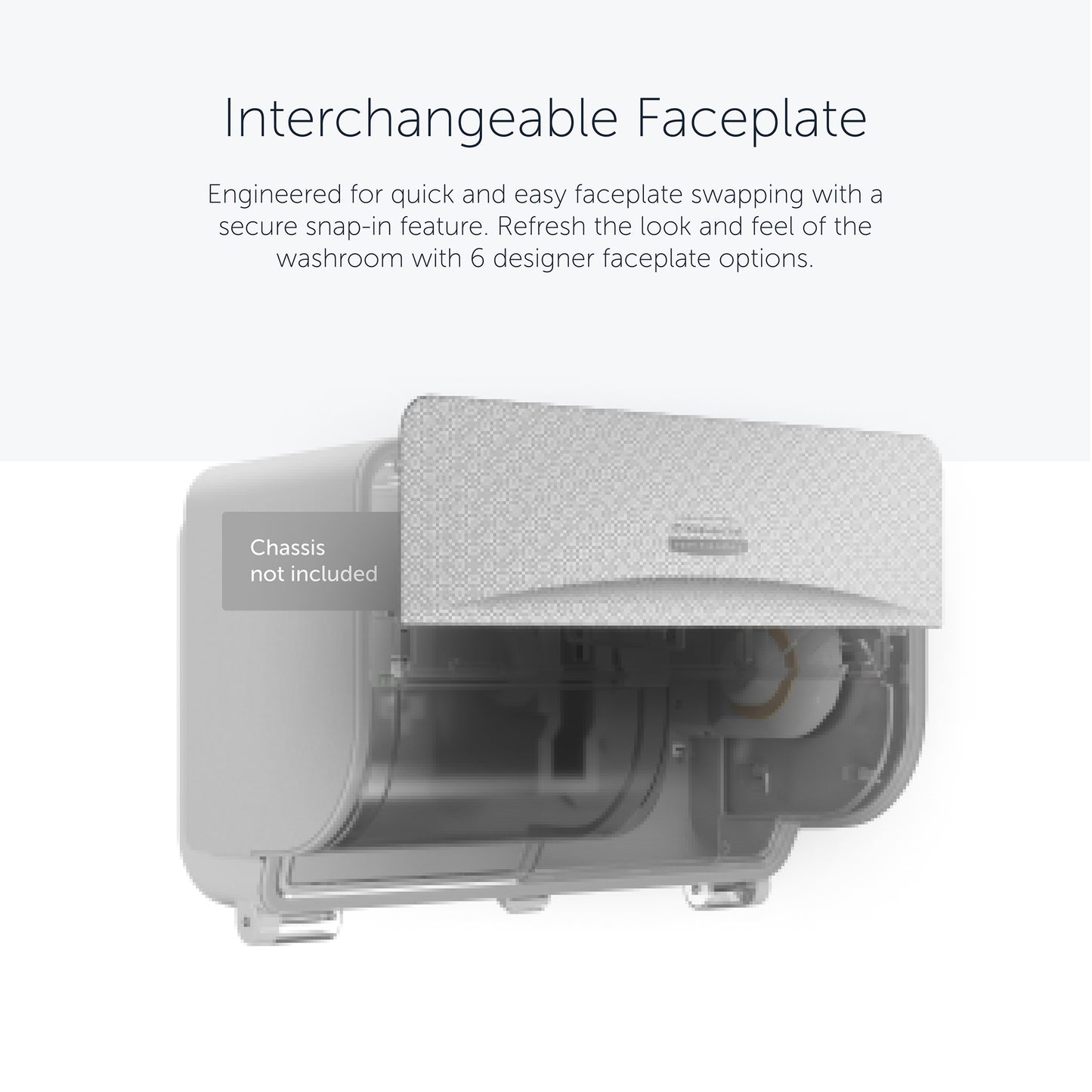 A Kimberly-Clark Professional™ Icon™ Dispenser Faceplate - SRBH (32,39 x 10,80 x 3,18 cm) da Kimberly-Clark GmbH é mostrada com padrão, substituível e parcialmente aberta para substituir a faceplate; chassi não incluído.