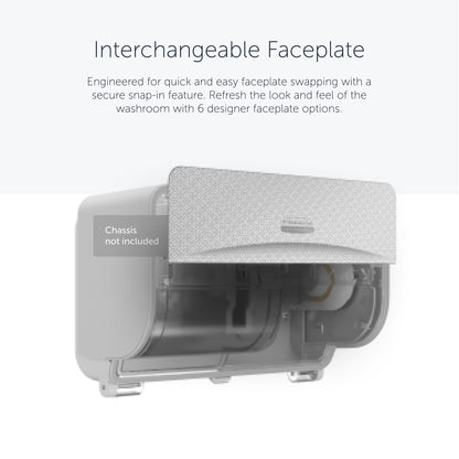 A Kimberly-Clark Professional™ Icon™ Dispenser Faceplate - SRBH (32,39 x 10,80 x 3,18 cm) da Kimberly-Clark GmbH é mostrada com padrão, substituível e parcialmente aberta para substituir a faceplate; chassi não incluído.
