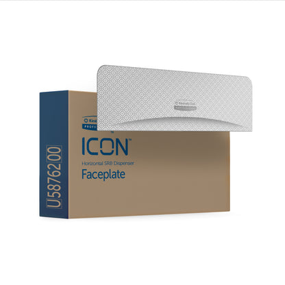 Mostrada está uma caixa retangular com a inscrição "Kimberly-Clark Professional™ Icon™ Dispenser Faceplate - SRBH" e o código do produto U5876200 em letras azuis, contendo uma faceplate branca texturizada da linha Icon Dispenser da Kimberly-Clark GmbH.