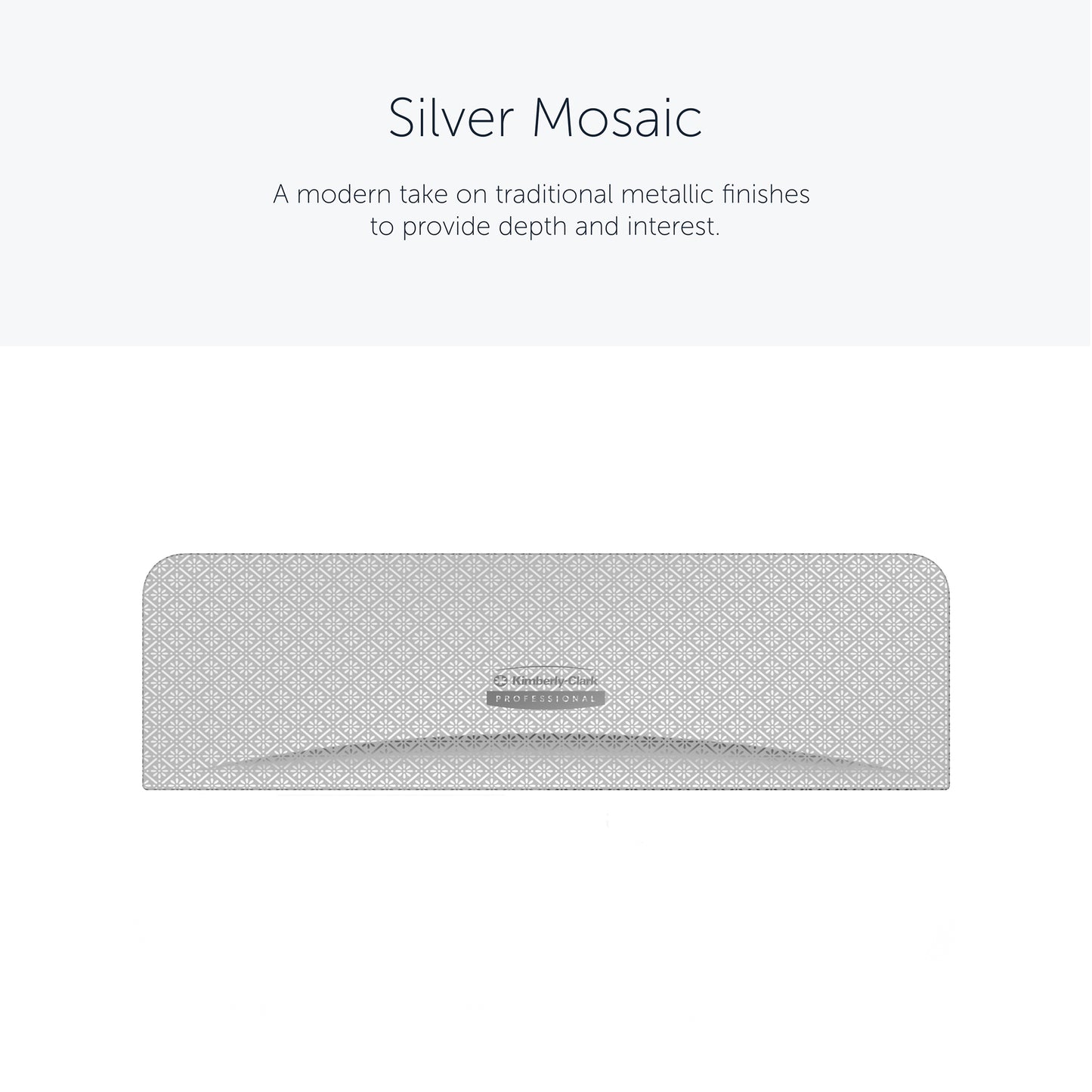 O padrão retangular "Silver Mosaic" exibe um padrão geométrico prateado claro, inspirado na Kimberly-Clark Professional™ Icon™ Dispenser Faceplate - SRBH (32,39 x 10,80 x 3,18 cm) da Kimberly-Clark GmbH, sobre um fundo branco sólido com texto acima.