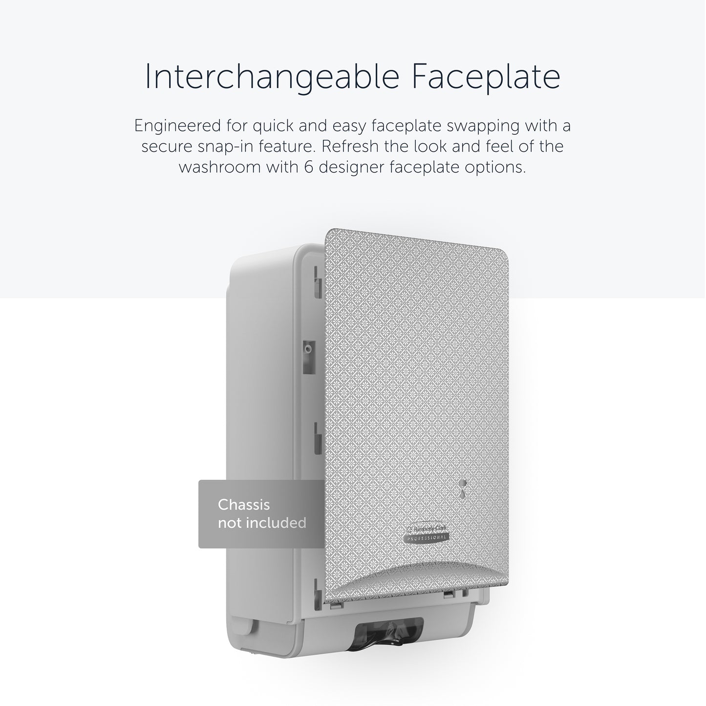 A Kimberly-Clark Professional™ Icon™ Dispenser Faceplate - eSkinCare (20,32 x 27,30 x 3,81 cm) da Kimberly-Clark GmbH é mostrada montada na parede; as instruções de etiqueta não estão incluídas. Frente facilmente substituível - um acessório essencial para lavabos.